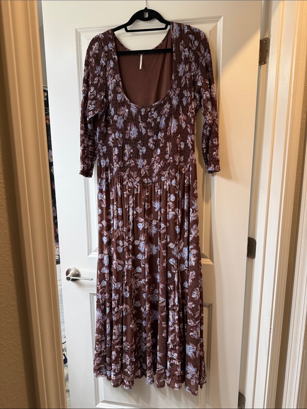 Free People Mauve-Brown Maxi Dress with Pale Blue Floral Print